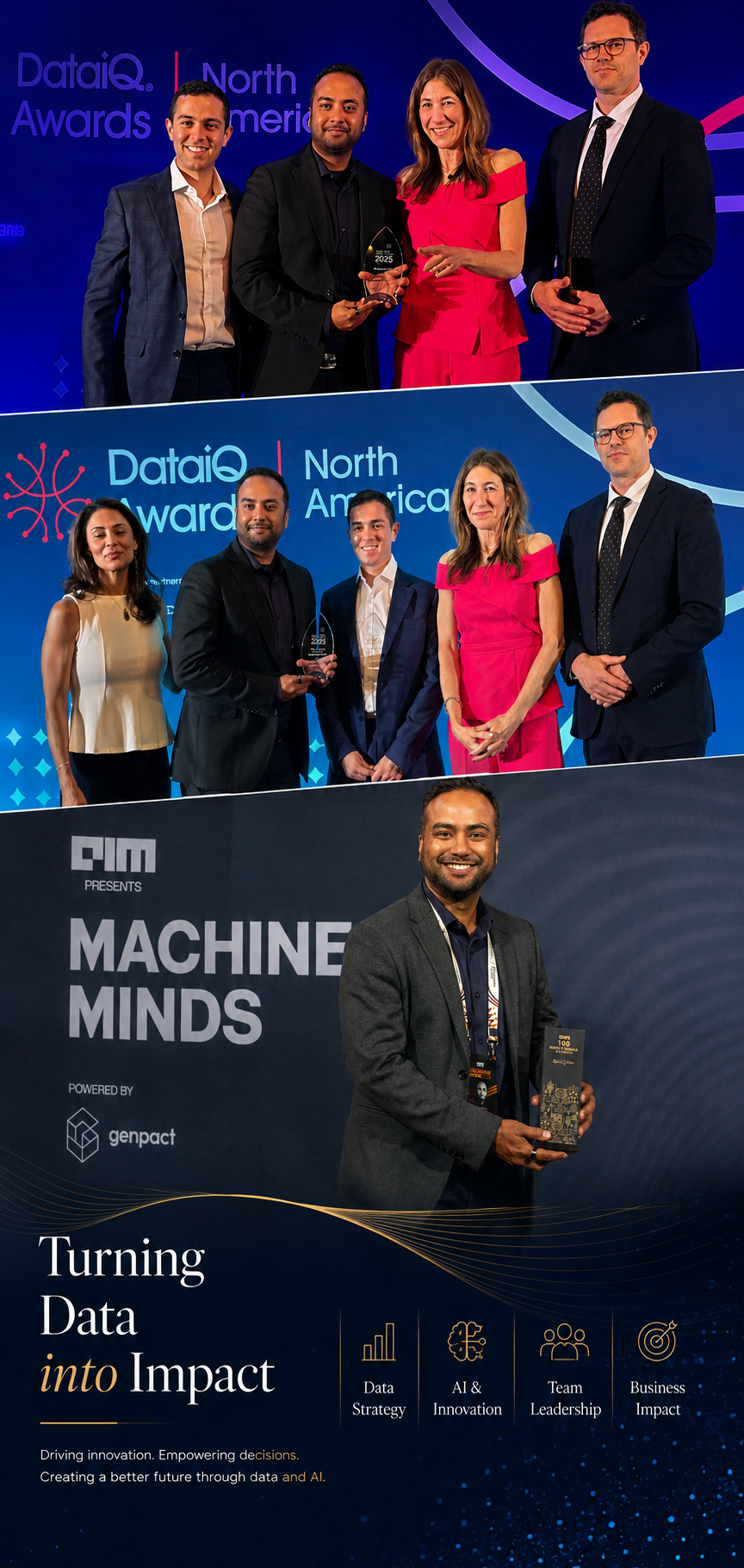 Rahat Yasir receiving the DataIQ North America and Machine Minds awards, with a Turning Data into Impact banner